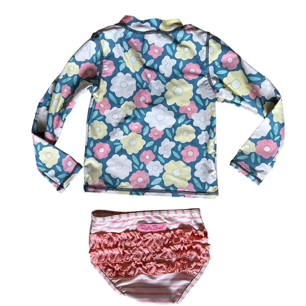 Ruffle Butts Girls Two-piece 2pc Swimsuit Rashguard in Floral and Stripe Size 4T